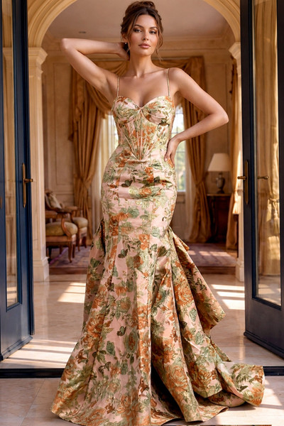 Jovani 52175 Satin Floral Print Ruffle Hem Sleeveless Gown