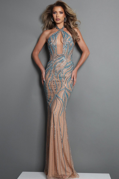 Jovani 47170 Beaded Mesh Sheer Halter Neck Sleeveless Dress