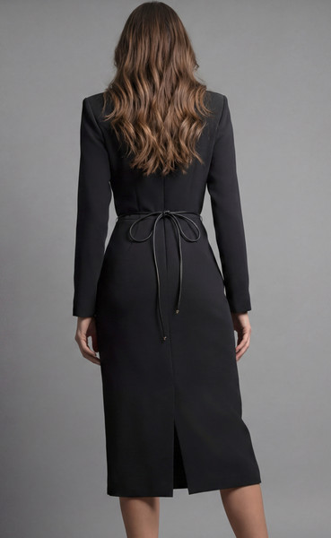 Jovani 51637 Crepe V-Neck Long Sleeve Sheath Midi Dress