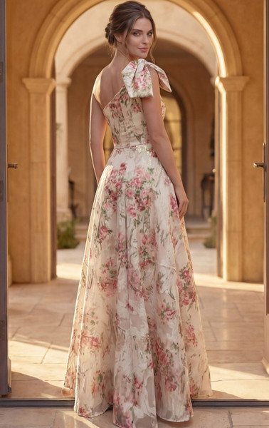 Jovani 52378 Chiffon Floral Print One Shoulder Bow Gown