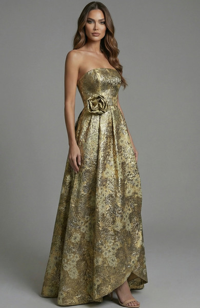 Jovani 51692 Jacquard Metallic Brocade Strapless A-Line Gown