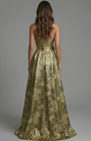 Jovani 51692 Jacquard Metallic Brocade Strapless A-Line Gown