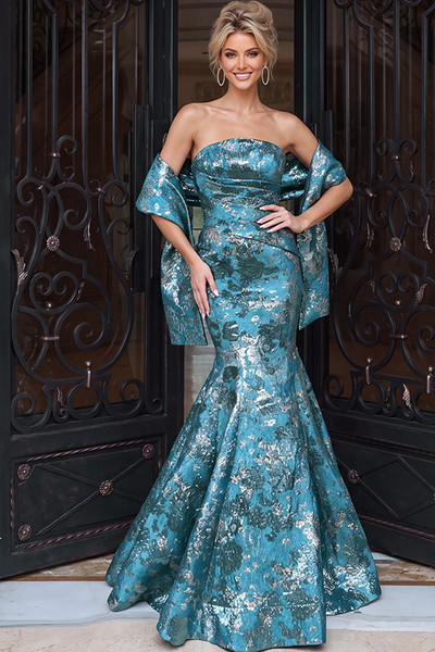 Jovani 51634 Metallic Brocade Floral Pattern Strapless Gown