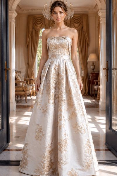 Jovani 46550 Jacquard Floral Brocade Strapless A-Line Gown