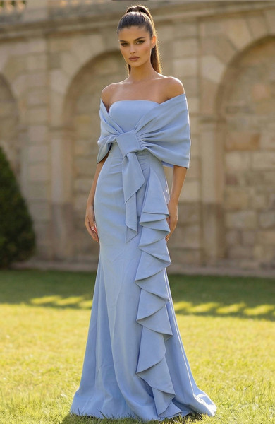 Jovani 50270 Crepe Cascading Ruffle Off Shoulder Sleeve Gown