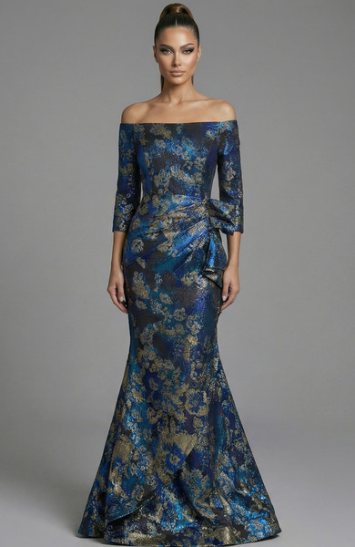 Jovani 49165 Metallic Brocade Floral Off-Shoulder Gown