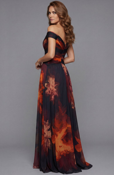 Jovani 49473 Chiffon Floral Printed Off Shoulder A Line Gown
