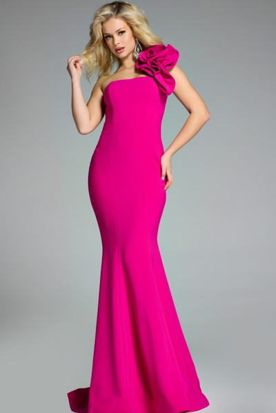 Jovani 44711 Crepe Floral One-Shoulder Flared Hem Gown