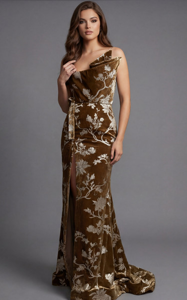 Jovani 49312 Satin Velvet Floral Printed One Shoulder Gown