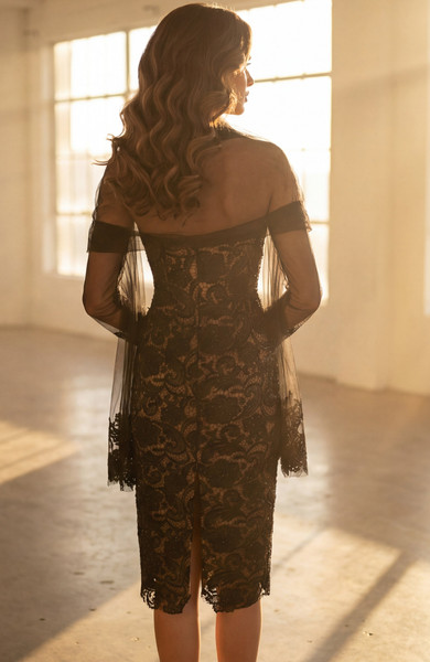 Jovani 45346 Lace Overlay Strapless Sheer Shawl Midi Dress