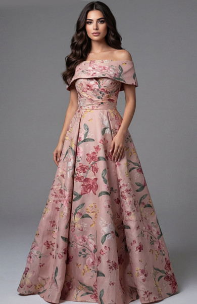 Jovani 47629 Printed Satin Floral Off Shoulder Ball Gown