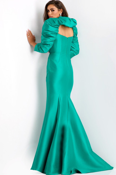 Jovani 45214 Satin Square Neck Puff Sleeves Flared Hem Gown