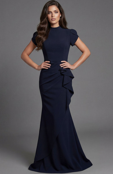Jovani 46520 Crepe Side Ruffle High Neck Cap Sleeve Gown