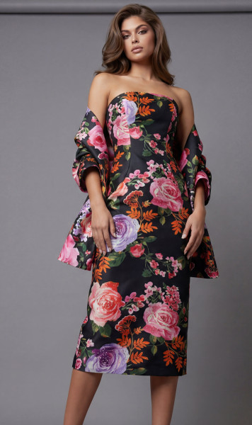 Jovani 46565 Floral Printed Scuba Strapless Midi Dress