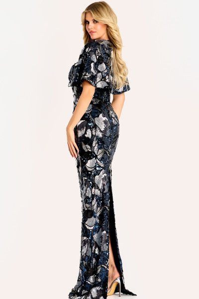 Jovani 46431 Jacquard Floral Pattern Cape Overlay Gown