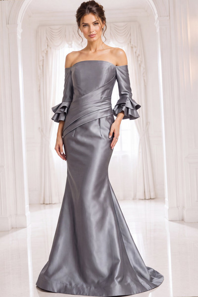 Jovani 41190 Satin Off Shoulder Ruffle Sleeves Draped Gown