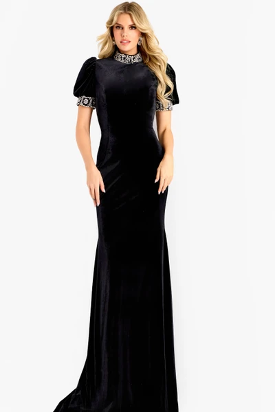 Jovani 43771 Velvet High Neck Beaded Collar Sleeves Gown