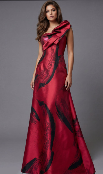 Jovani 43047 Jacquard Printed Satin One Shoulder A-line Gown