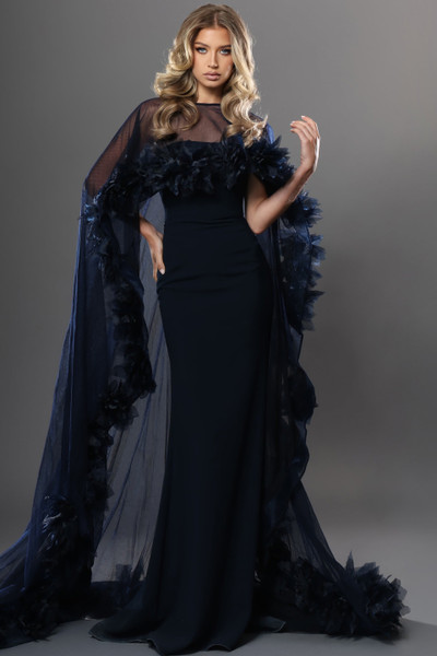 Jovani 44321 3D Floral Trim Strapless Sheer Cape Long Gown