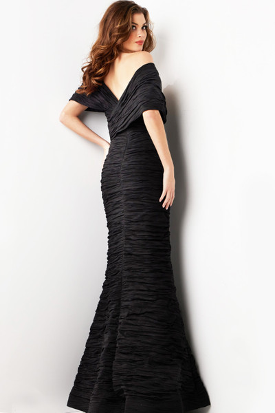 Jovani 38954 Crinkle Taffeta V-Neck Off Shoulder Sheath Gown