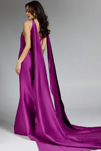 Jovani 43280 Shiny Satin Flowing Train Halter Neck Gown