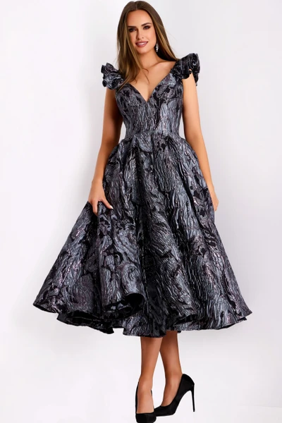 Jovani 40314 Jacquard Floral V-Neck Ruffle Sleeve Midi Dress