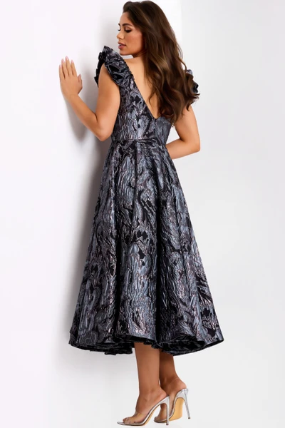 Jovani 40314 Jacquard Floral V-Neck Ruffle Sleeve Midi Dress