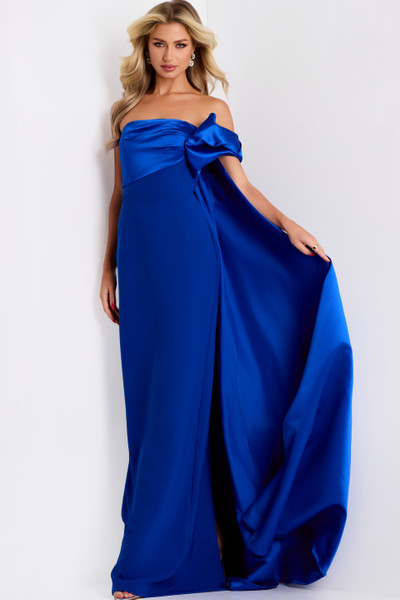 Jovani 38864 Crepe Satin Side Bow Strapless Column Gown
