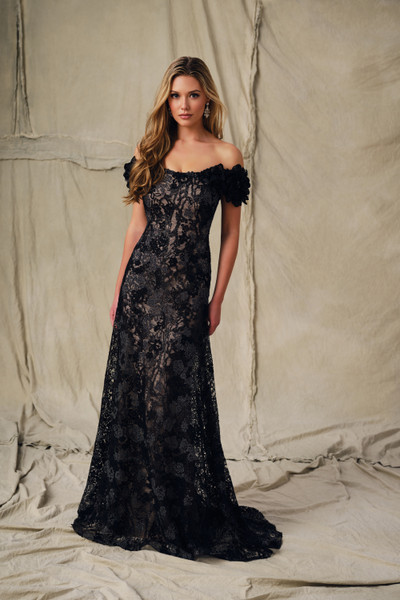 Ivonne D ID2205 Lace 3D Floral Off Shoulder Cap Sleeve Dress