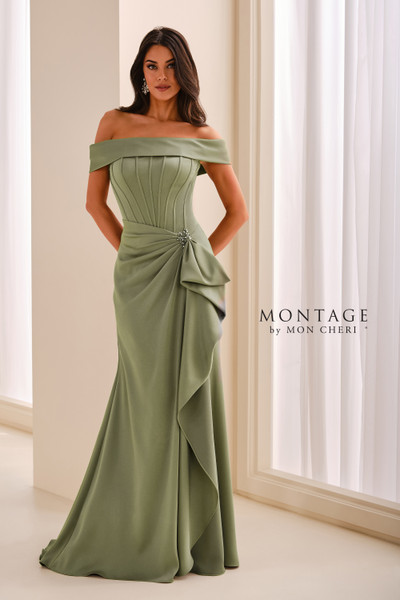 Montage by Mon Cheri M3212 Crepe Satin Off-Shoulder Gown
