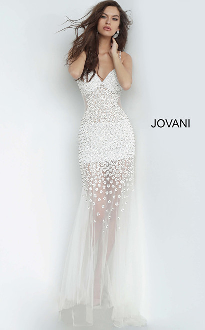 Jovani 60695 Floor Length Form Fitting Beaded Tulle Dress