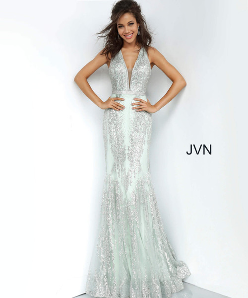 JVN by Jovani JVN3663 Bedazzled Deep V-Neck Trumpet Dress