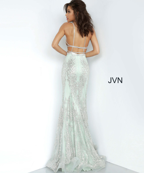JVN by Jovani JVN3663 Bedazzled Deep V-Neck Trumpet Dress