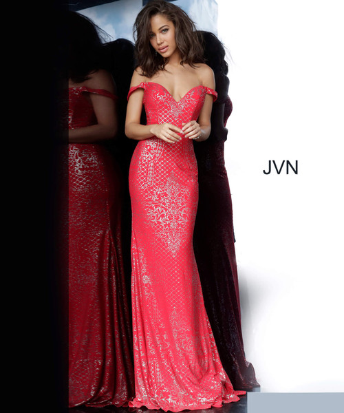 JVN by Jovani JVN60139 Patterned Sparkle Off Shoulder Gown