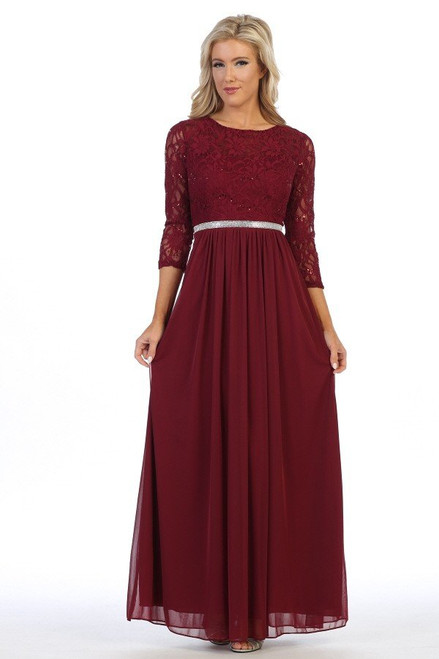 Celavie 6305-L Three-Quarter Sleeve Laced A-line Long Dress