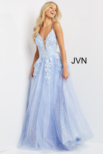 Jovani JVN07252 Sleeveless Floral Sequined A-line Tulle Gown