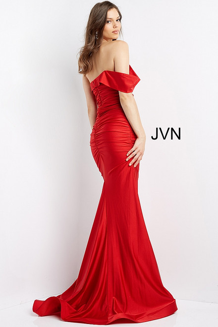 Jovani JVN07640 Off Shoulder Sleeves Ruched Mermaid Gown