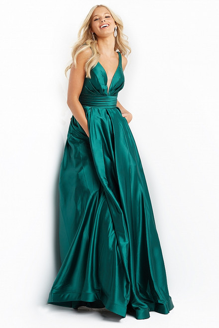 Jovani JVN08419 Sleeveless Plunging Satin A-line Long Gown