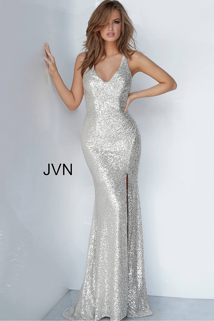 Jovani JVN4707 Plunging V-neck Sequin Sheath Long Dress