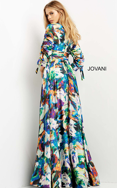 Jovani 08584 Print V Neck Three Quarter Sleeve Prom Gown