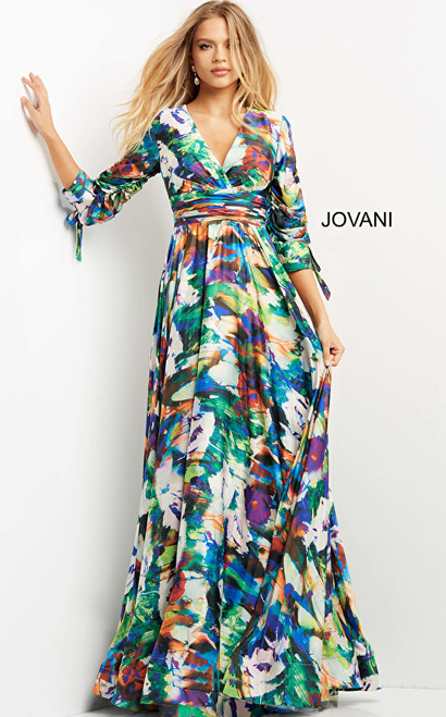 Jovani 08584 Print V Neck Three Quarter Sleeve Prom Gown