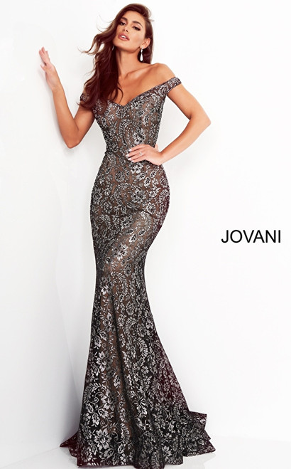 Jovani 8083 Metallic Lace Off-shoulder Straps Trumpet Dress