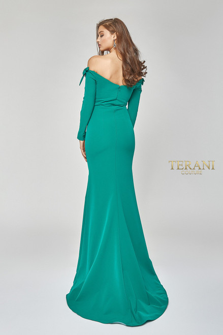 Terani Couture 1921E0117 Off Shoulder High Scoop Neck Gown