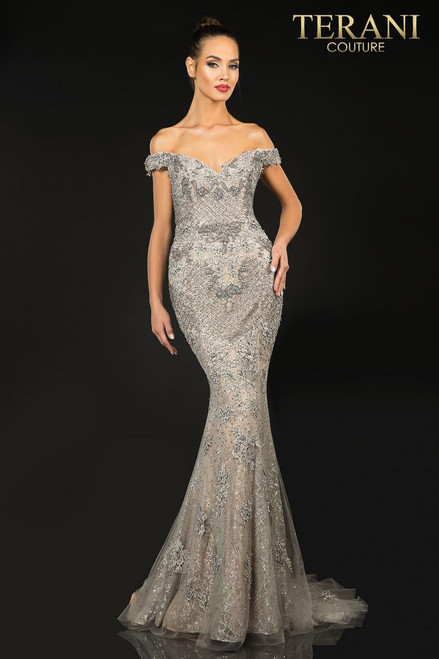 Terani Couture 1913GL9586 Off Shoulder Trumpet Evening Gown