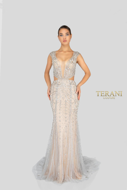 Terani Couture 1911GL9500 Beading Deep V-illusion Neck Gown