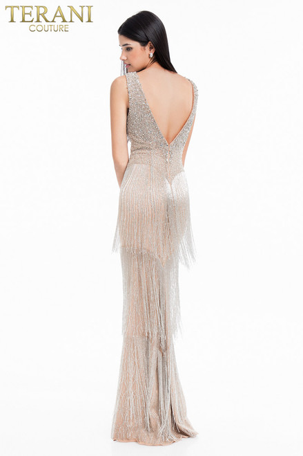Terani Couture 1821GL7401 Deep V-Neck Sleeveless Bead Dress