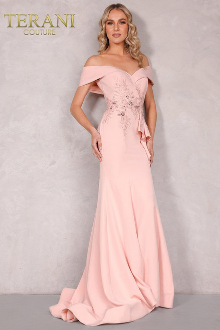 Terani Couture 1911M9339 Off Shoulder Side Drape Peplum Gown