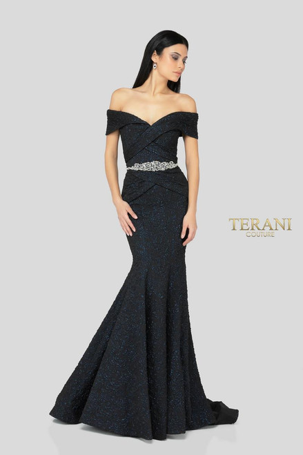 Terani Couture 1812M6657 Off-Shoulder Sleeves Long Gown