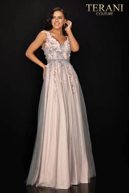 Terani Couture 2011P1207 Two Tone Floral Glitter Tulle Gown