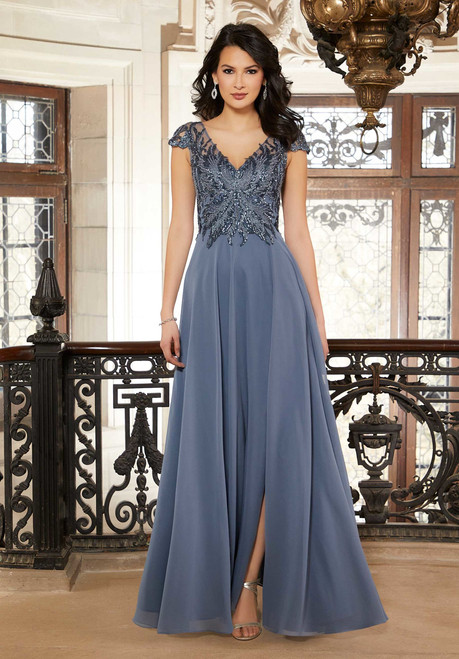 Morilee MGNY 72605 Chiffon Sequined Lace V-neck Evening Gown